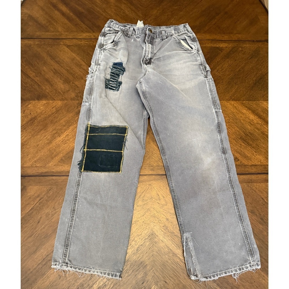 Carhartt B11 PTB Distressed Carpenter Pant Grey Petrol Blue Canvas 32x34 Patched